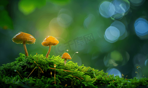 森林苔藓上两个花丝小蘑菇光斑森林地面