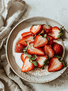桌上盘子里的新鲜切片草莓和酸奶健康的维生素甜点