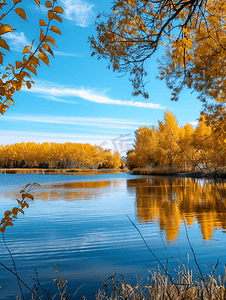 秋天的背景摄影照片_秋天的风景黄树蓝天和秋天的湖泊自然风光