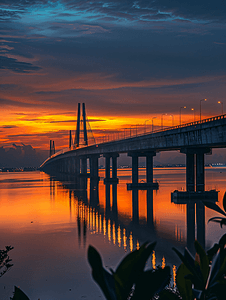 槟城第二大桥早晨低云上方的日出时刻