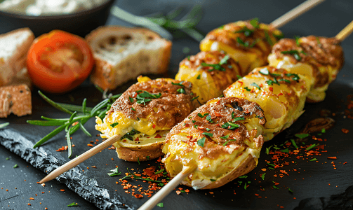 土豆煎蛋串配面包和番茄典型的西班牙食物垂直图像