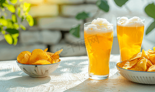 夏季啤酒摄影照片_玻璃杯中的啤酒冰沙和桌上碗中的薯条是夏季流行饮品