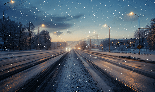 阴冬日积雪覆盖的城市道路