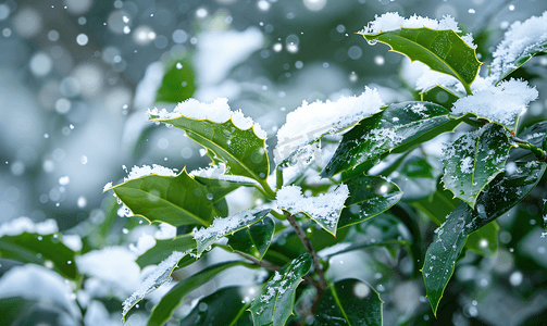 雪树林摄影照片_冬青灌木绿叶上融化的雪