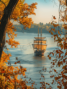 船在第聂伯河上航行秋日正午