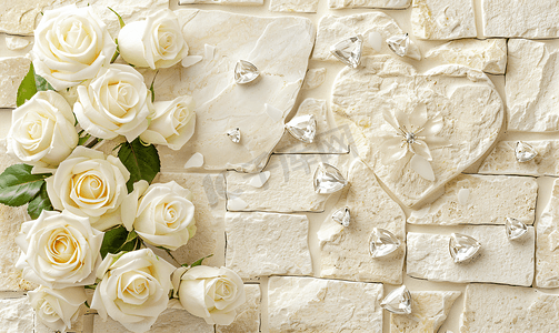 白花束摄影照片_米色砖背景上有白玫瑰和莱茵石的白心