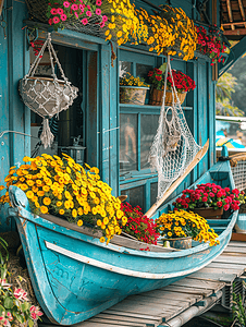 旅行粉色摄影照片_皮划艇内部有鲜花还有渔网来装饰咖啡馆的外部