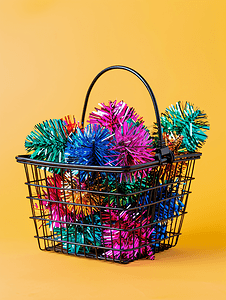 金属拉丝渐变摄影照片_圣诞销售概念购物篮里装满彩色背景的彩色金属丝