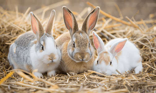 可爱的兔子坐在农场吃干草