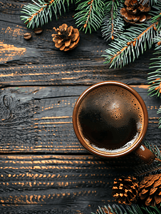 黑色木质圣诞背景顶视图复制空间上的一杯咖啡