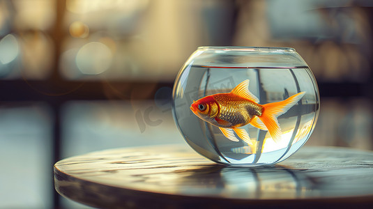 金鱼简图摄影照片_圆形玻璃缸里的金鱼摄影配图