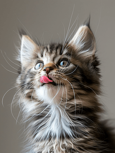 一只可爱的毛茸茸的小猫的肖像舔