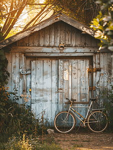 靠在旧棚子上的旧自行车