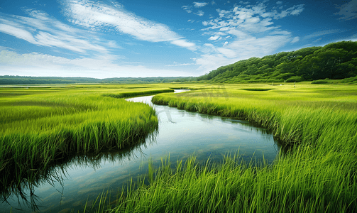 国潮水花摄影照片_美丽的风景与沼泽草和潮汐河