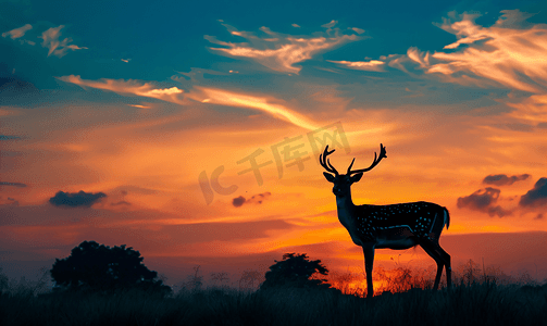 黇鹿剪影与多彩的日落