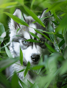 可爱的阿拉斯加雪橇犬小狗躲在花园里