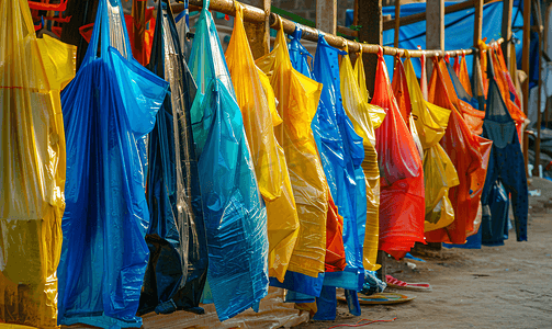 蓝色的牛仔裤摄影照片_塑料袋上的多种颜色和跳蚤市场支架上挂着的一排牛仔裤