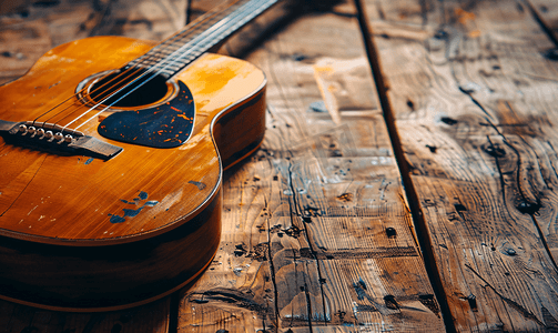 吉他背景摄影照片_木吉他特写吉他躺在老式的木头背景上