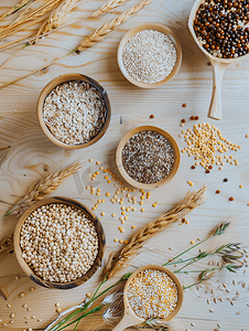 天然有机食品木桌上摆放的不同种类燕麦的顶视图