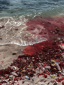 墨西哥垃圾污染非常恶心的红海藻萨尔加索海滩