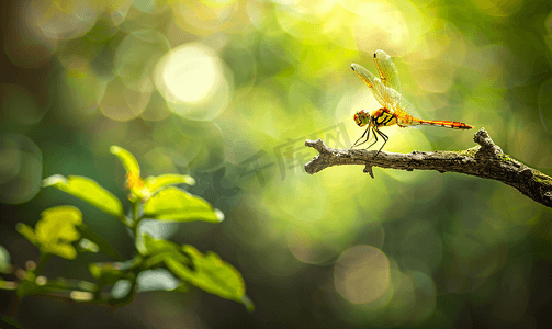 昆虫的眼睛摄影照片_蜻蜓站在绿色背景上美丽的树枝上