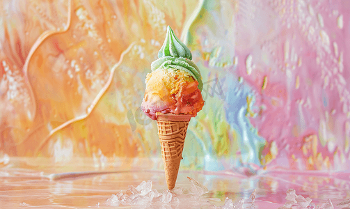 创意字体中文摄影照片_彩色背景上的彩色冷冻冰淇淋
