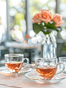 餐厅餐桌上供应的玫瑰茶