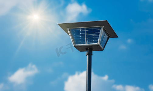 烤火的人小太阳摄影照片_蓝天背景上带小太阳能电池板的路灯