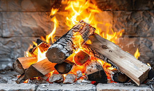原木风干花摄影照片_在砖壁炉中燃烧木原木
