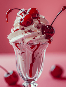圣代实物摄影照片_冰淇淋圣代配奶油和樱桃特写