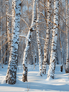 冬季森林公园里白雪皑皑的桦树和橡树
