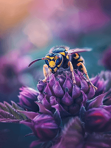 一只黄蜂停在一朵覆盆子花上