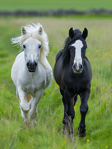 绿草背景中的白色和黑色冰岛小马驹