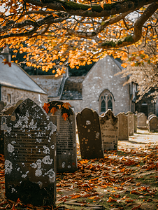 树叶，叶子摄影照片_普利茅斯历史悠久的墓地树叶在变化