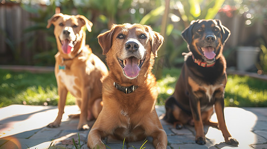 三条狗坐在阳光明媚的花园里摄影图