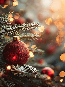 杉树上挂着亮闪闪的红色圣诞球上面装饰着圣诞装饰灯光迷离