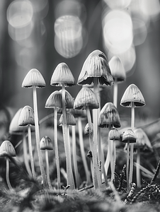 森林地面上一组黑白蘑菇