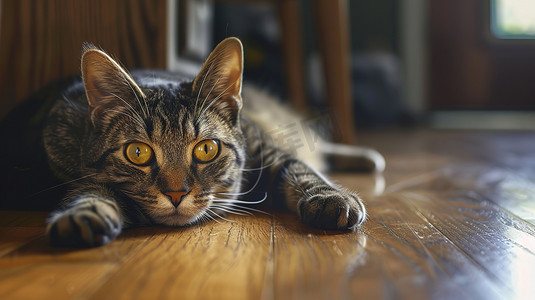 狸花猫躺在地板上高清摄影图