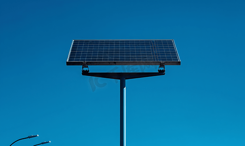 蓝天背景上带小太阳能电池板的路灯