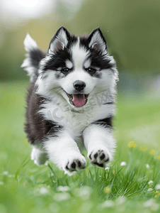 黑白宠物狗摄影照片_甜美的黑白相间的阿拉斯加雪橇犬小狗在草丛中奔跑