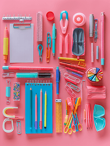 粉红色背景中的各种办公用品回到学校概念