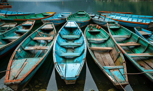 小船绿色摄影照片_尼泊尔博卡拉湖站有很多蓝色和绿色的木船
