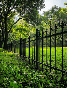 公园里的金属栅栏俯瞰着一片绿草如茵的空地