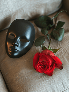 感受激情躺在沙发上的单红玫瑰和黑色面具的特写顶视图