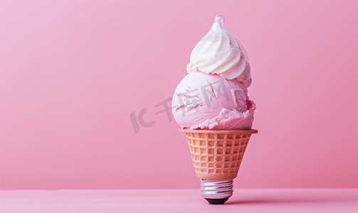粉红色背景中华夫饼杯中的灯泡冰淇淋