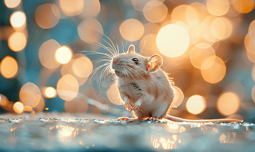 5只老鼠鼠摄影照片_木制背景上老鼠的肖像背景中美丽的散景