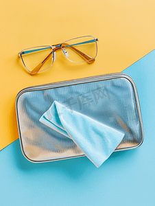 两种色调背景上的金属框眼镜盒和清洁布