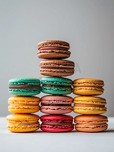 开业大吉金字摄影照片_色彩缤纷的法国通心粉饼干排列在背景的金字塔中