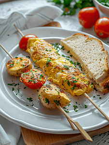 西班牙菜摄影照片_土豆煎蛋串配面包和番茄典型的西班牙食物水平图像