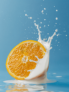 橙子落入牛奶飞溅中蓝色背景中突显
